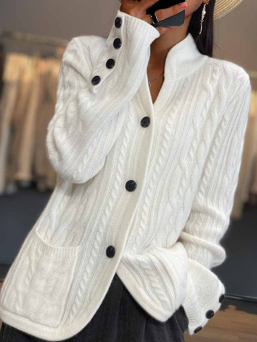 Braided Button Stand Collar Knitted Cardigan