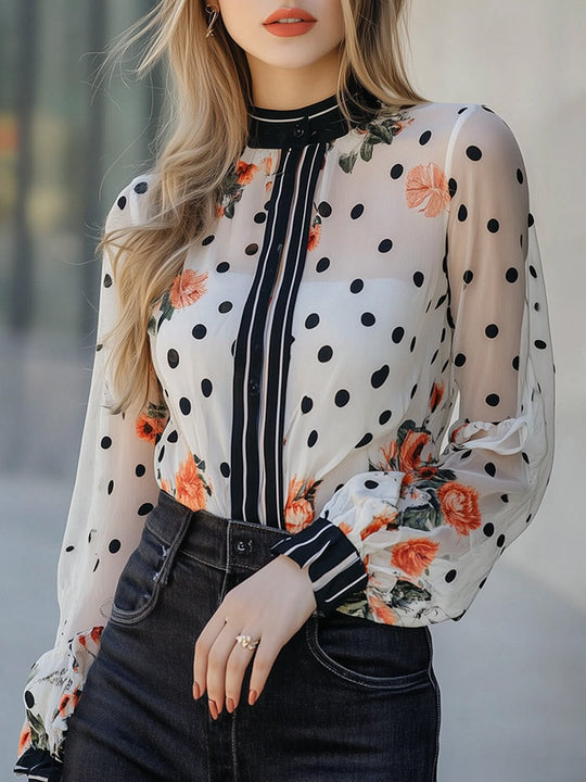 Elegant Turtleneck Polka Dot Floral Transparent Shirt