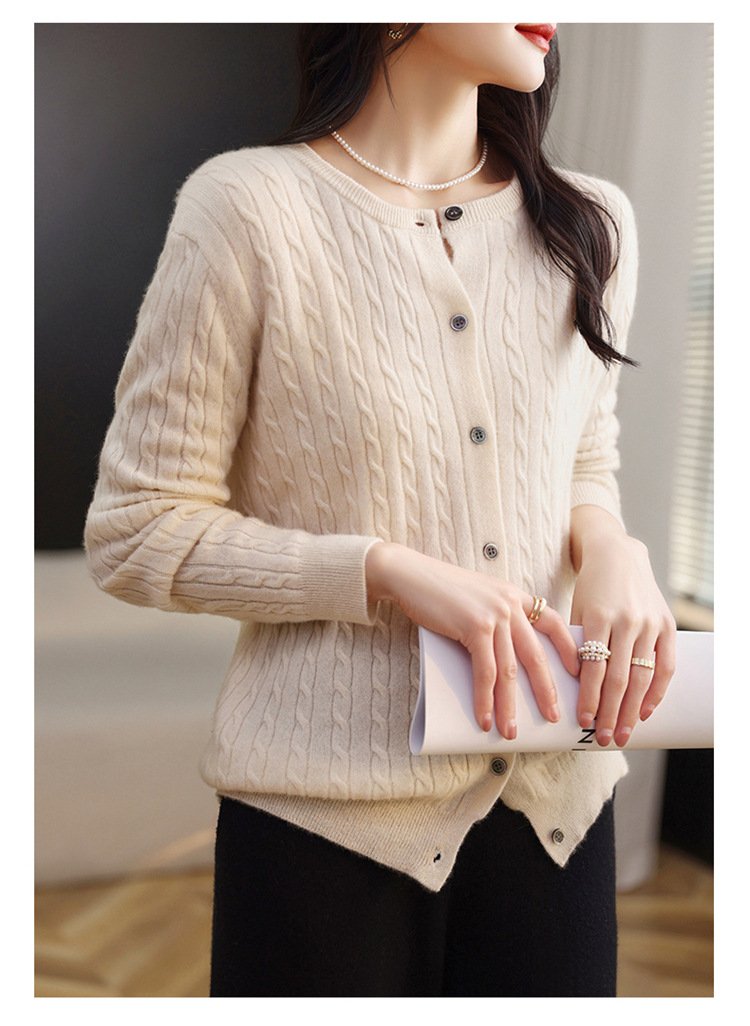 Fashion Round Neck Slim Fit Cable Knit Cardigan