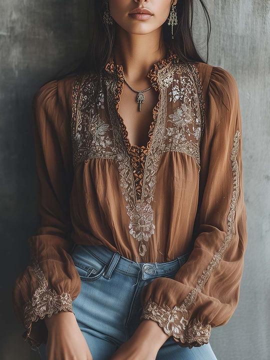 Rustic Elegance Embroidered Sheer Blouse