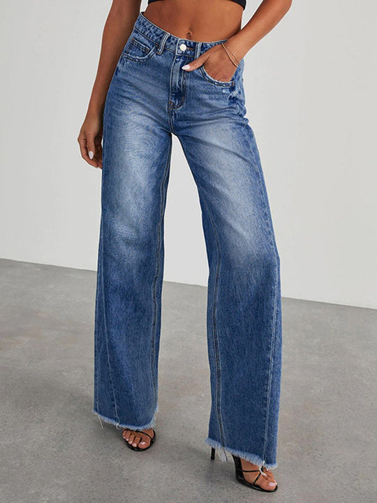 Casual Blue Stretch Denim Wide-leg Pants