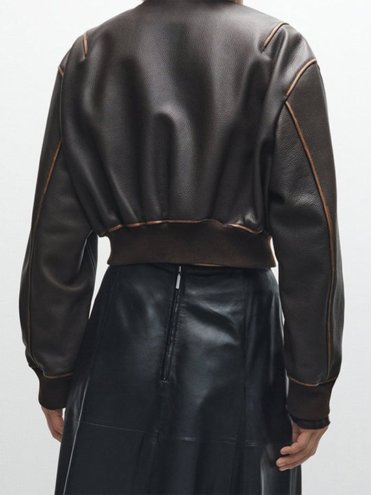 Fashionable Brown Zip-Detail Round Neck Leather Jacket