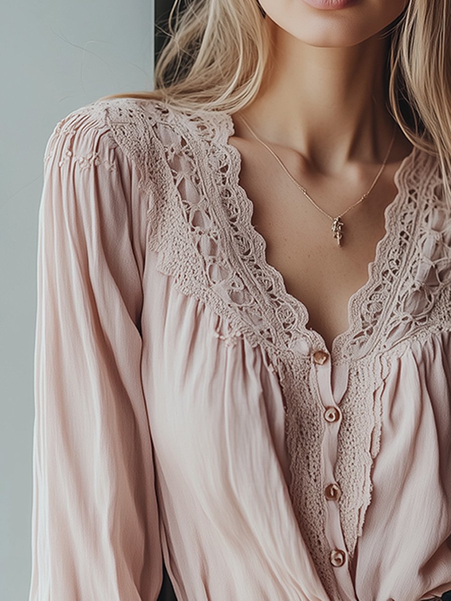 Vintage-Inspired Blush Pink with Delicate Lace Details Blouse