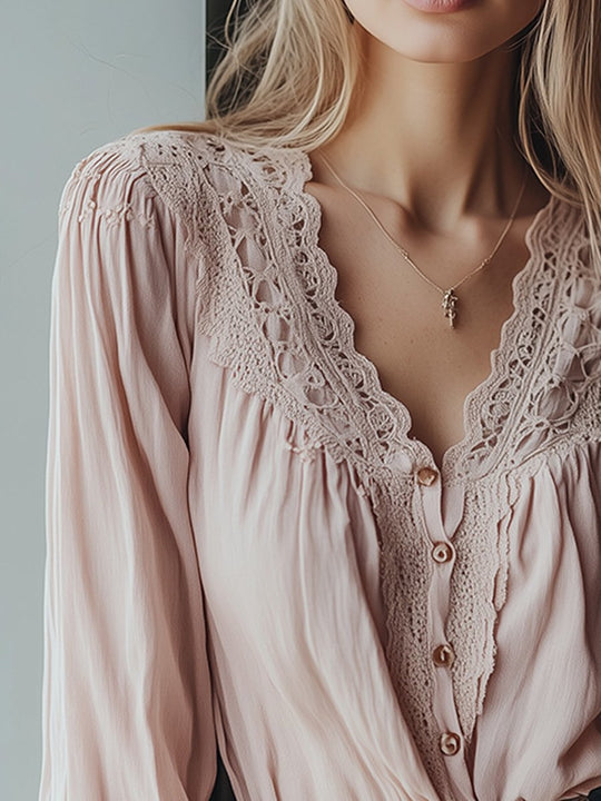 Vintage-Inspired Blush Pink with Delicate Lace Details Blouse