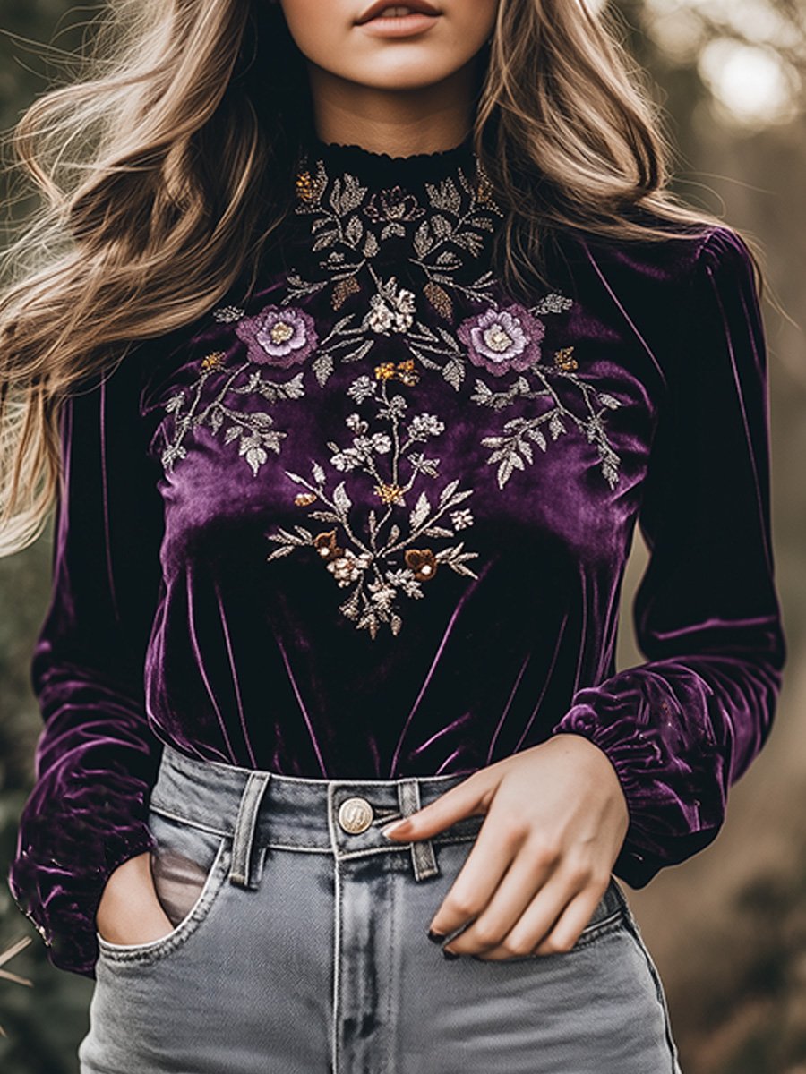 Elegant Embroidered Velvet Long-sleeved Top