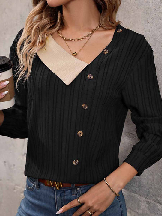 Contrast Button V-Neck Textured Long Sleeve Top