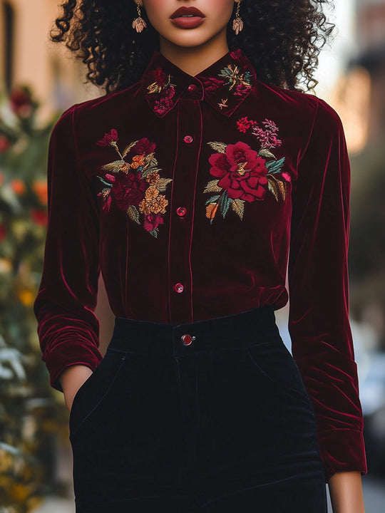 Fashion Velvet Embroidered Long Sleeve Shirt