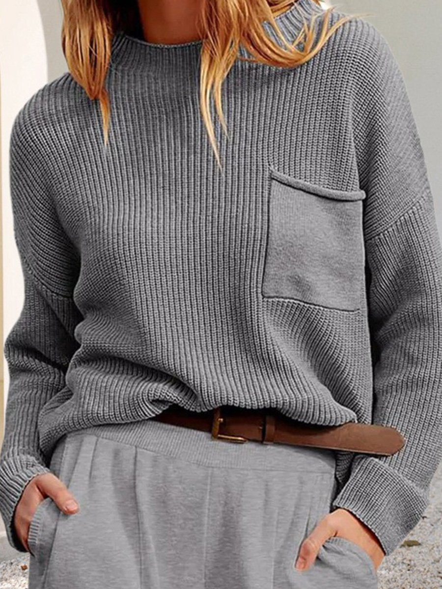 Crew Neck Long Sleeve Pocket Knitted Sweater