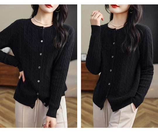 Fashion Round Neck Slim Fit Cable Knit Cardigan