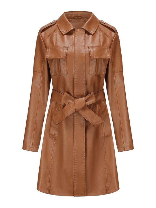 Women's Vintage Mid-Length Leather Coat With Belt