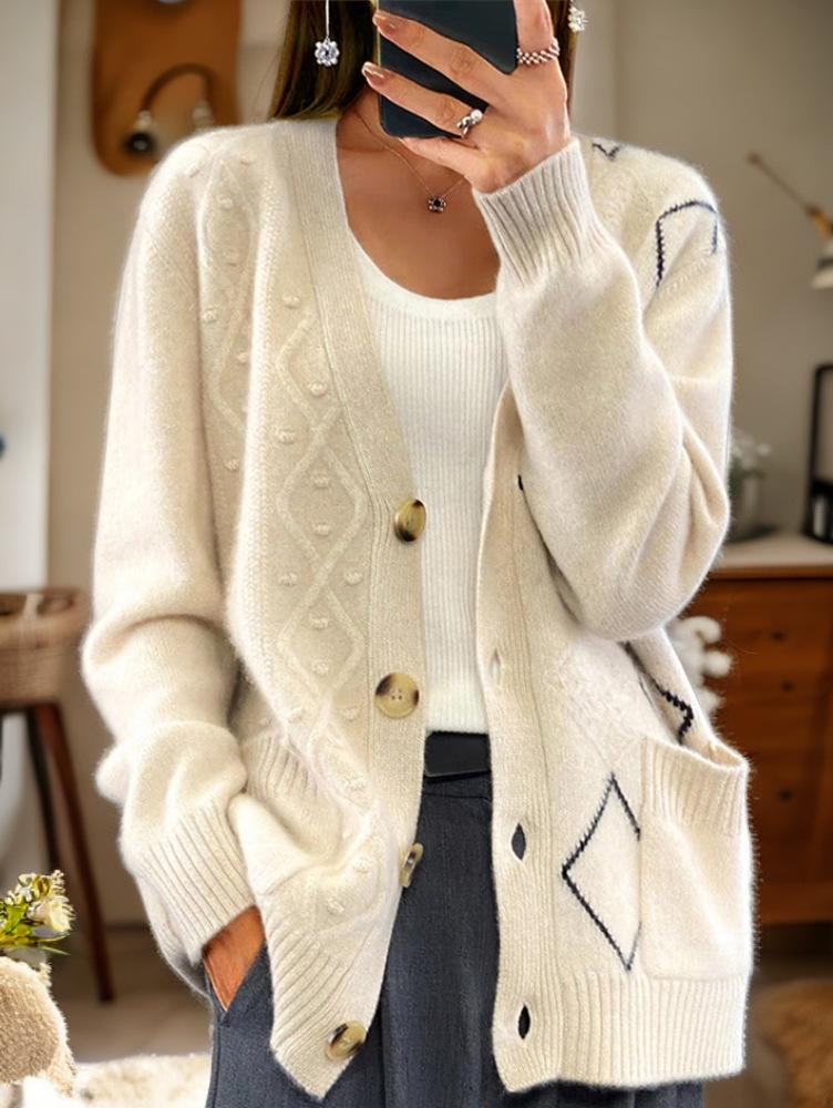 Retro V-neck Button Down Knitted Jacquard Cardigan Sweater