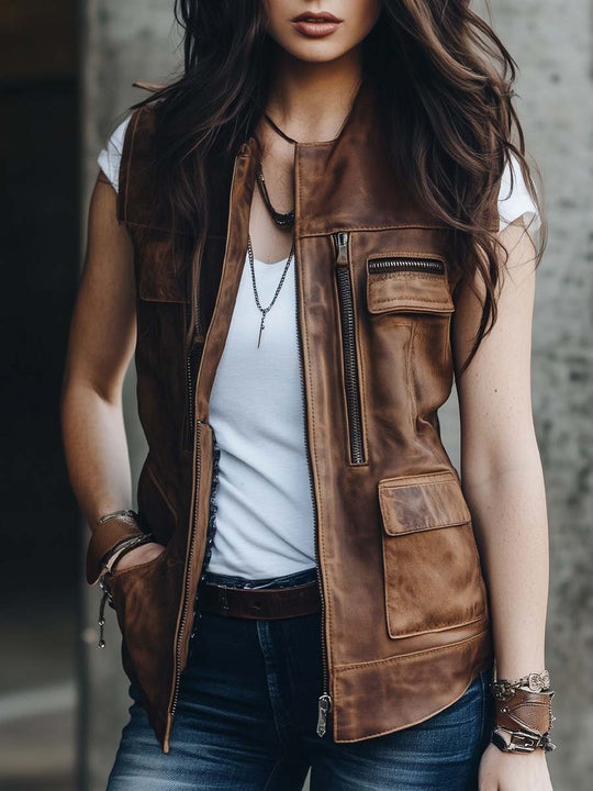 Women's Vintage Multi-Pocket Leather Waistcoat