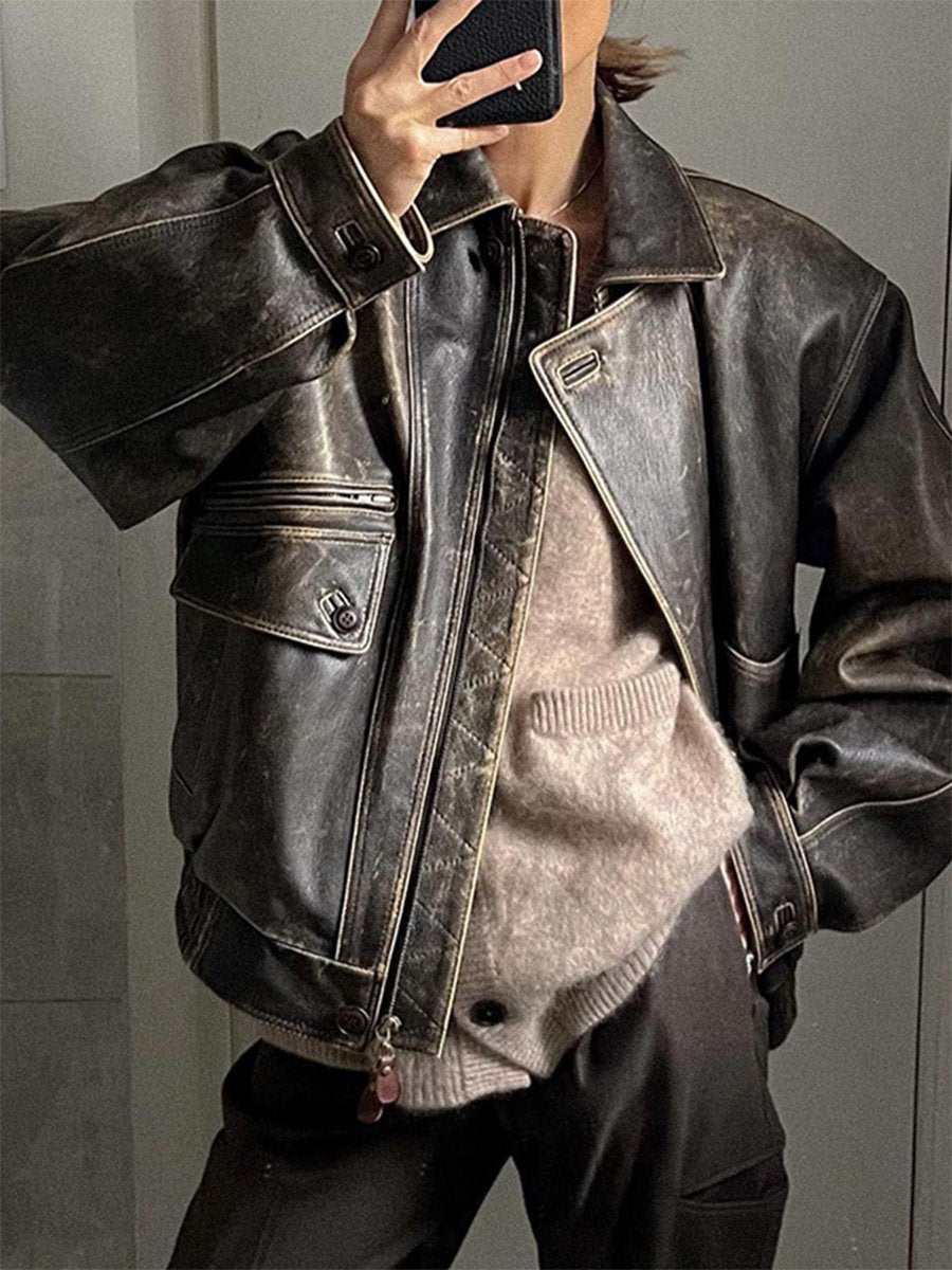 Brown Vintage Distressed Lapel Zip Leather Jacket