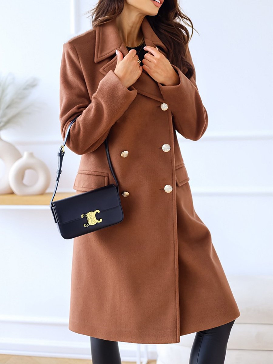 Lapel Double-breasted Simple Long-sleeved Woolen Coat