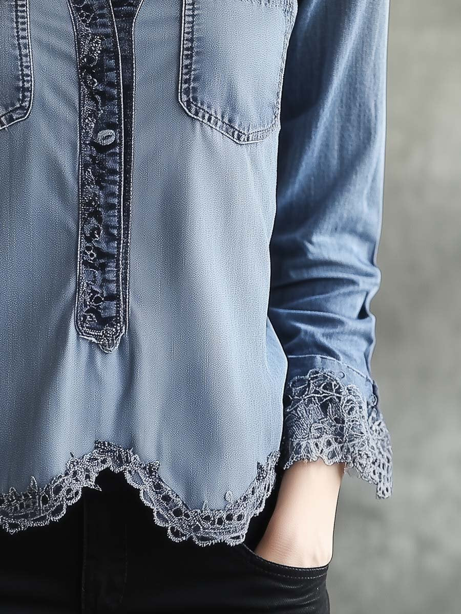 Women's Vintage Denim Lace Hem Long Sleeve Shirt