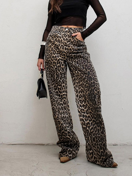 Stylish High Waisted Straight Pants With Leopard Print