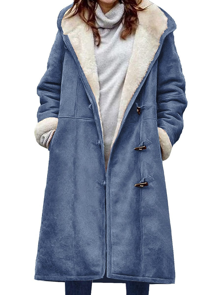 Suede Solid Color Horn Button Pocket Long Thick Plush Coat