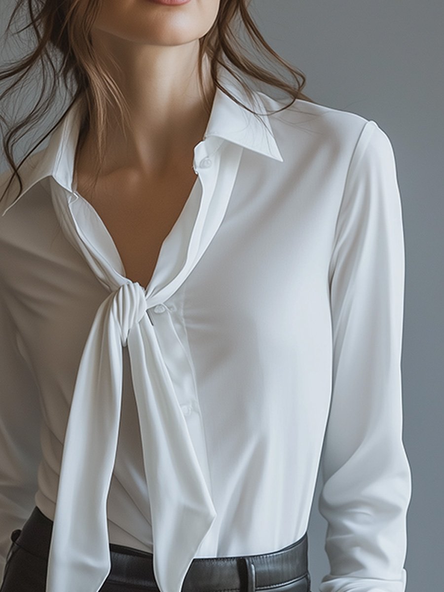 Classic White Delicate Bow Long Sleeve Shirt