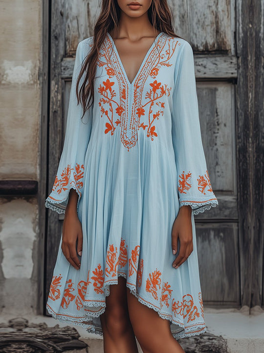 Boho Embroidered Asymmetric Hem Dress In Sky Blue