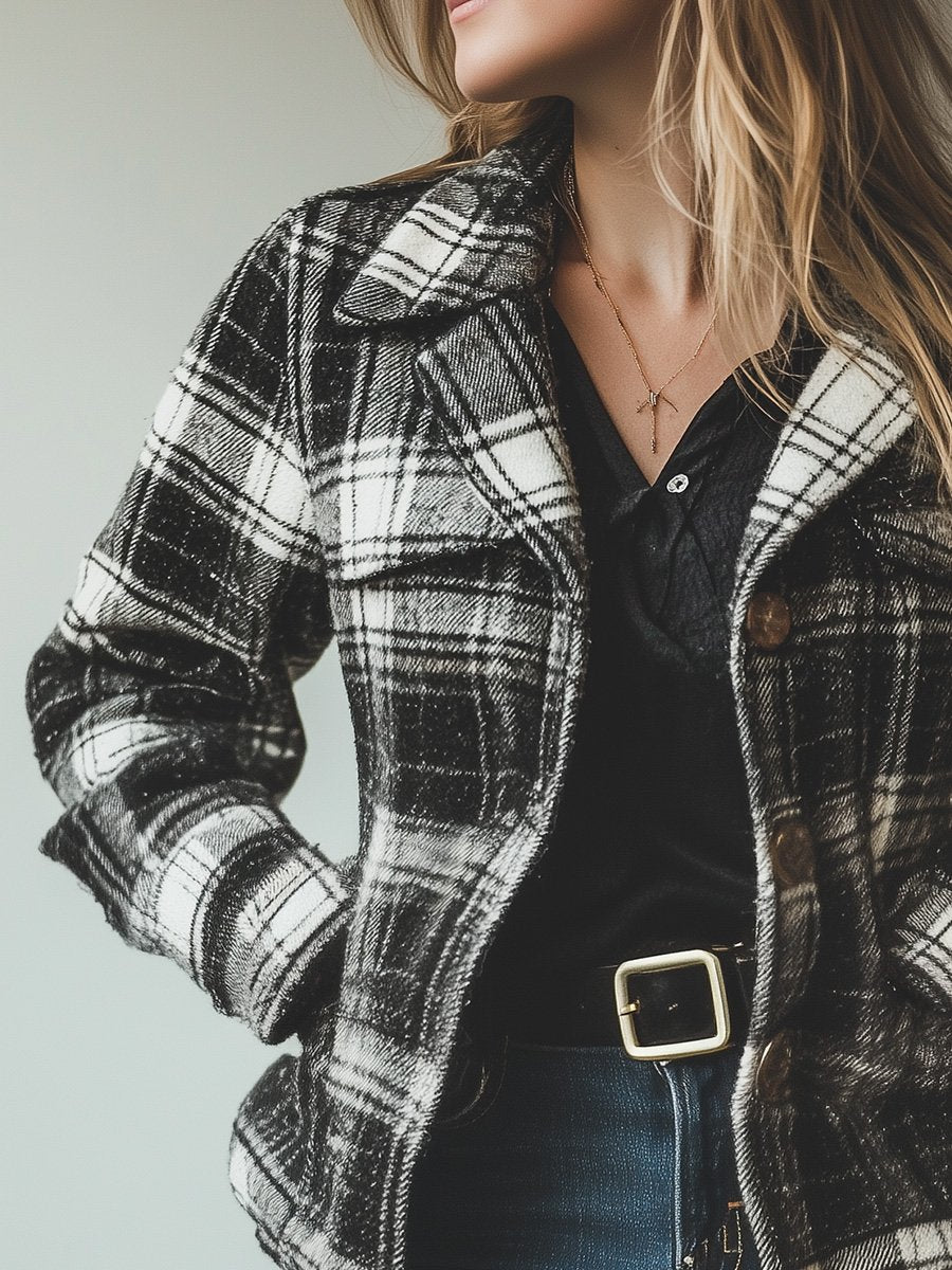 Casual Retro Lapel Black and White Plaid Coat