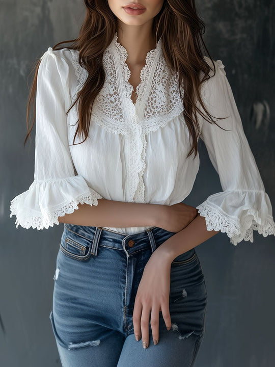 Chic V-neck Lace Patchwork Ruffled Cuffs Shirt