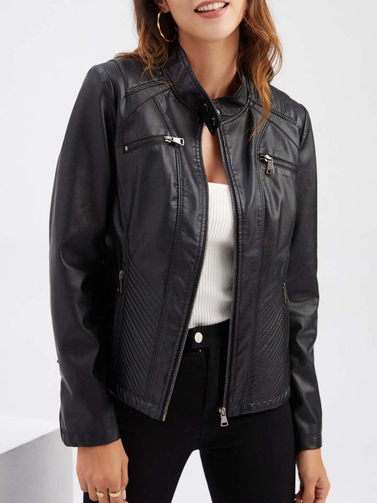 Women's Stand Collar Casual Leather Jacket