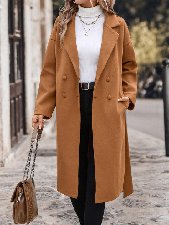 Elegant Belted Waist Mid-length Woolen Coat