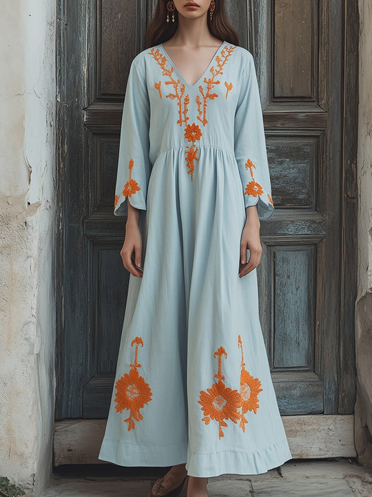 Boho Embroidered Maxi Dress with Flowing Elegance