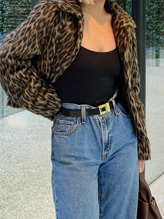 Lapel Leopard Fur Cropped Jacket