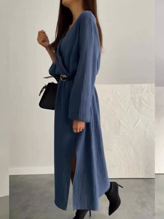 Fashion V-neck Long-sleeved Solid Color Waist Maxi Dress