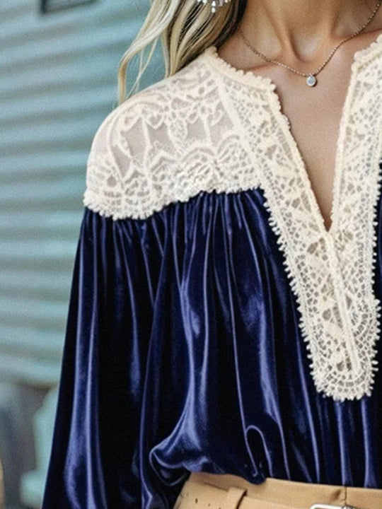 Navy Blue Velvet Lace V-neck Long-sleeved Shirt