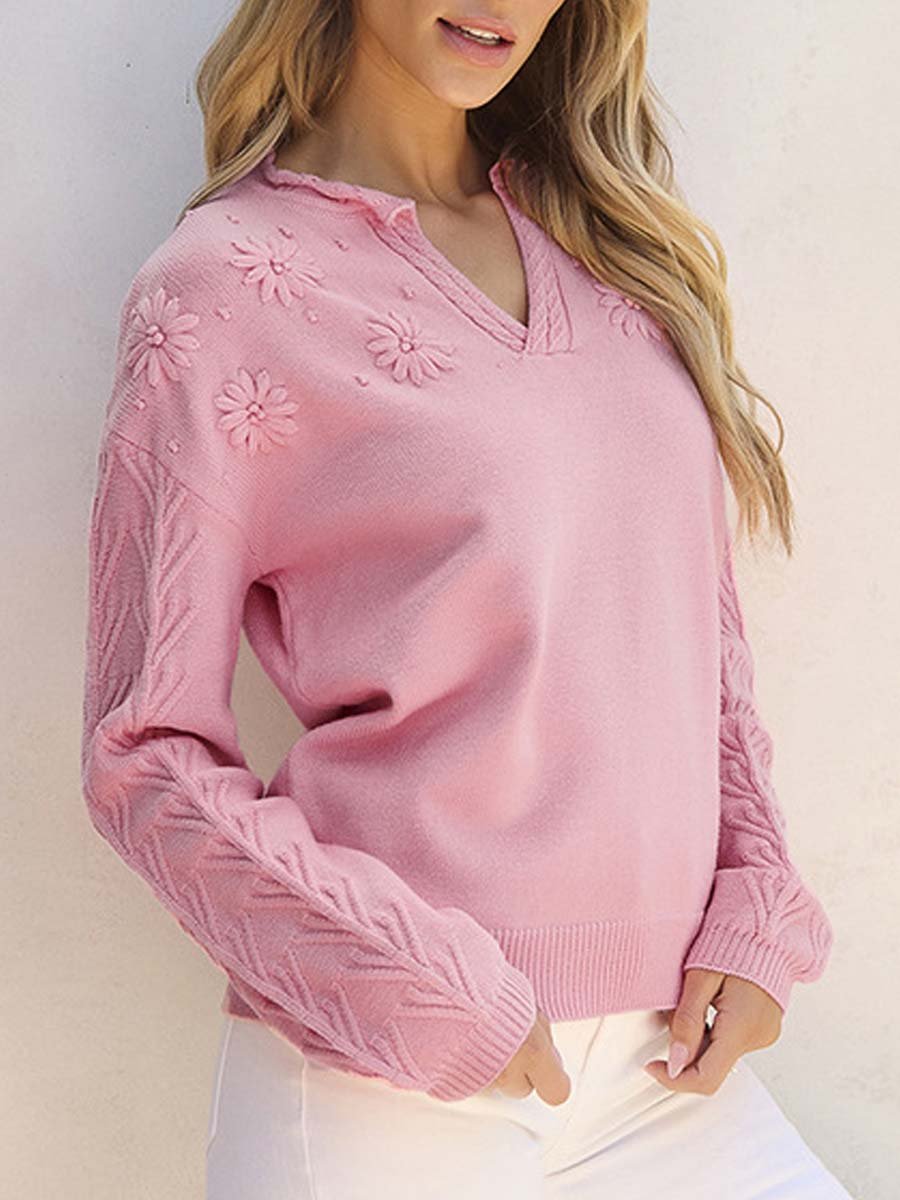 Women's V-Neck Floral Embroideried Versatile Knitted Sweater