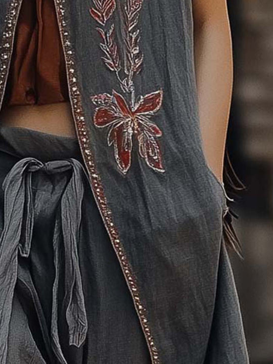 Bohemian Embroidered Open-Front Vest