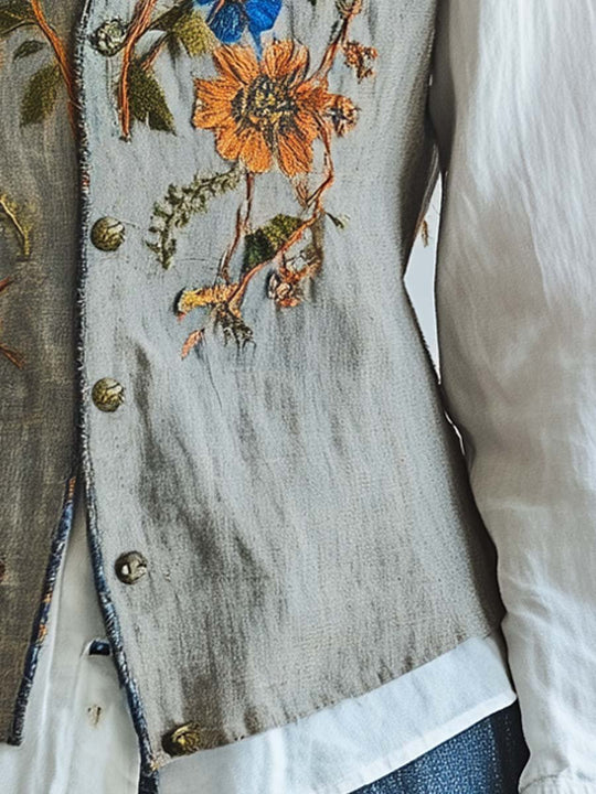 Rustic Floral Embroidered Button-Up Line Vest