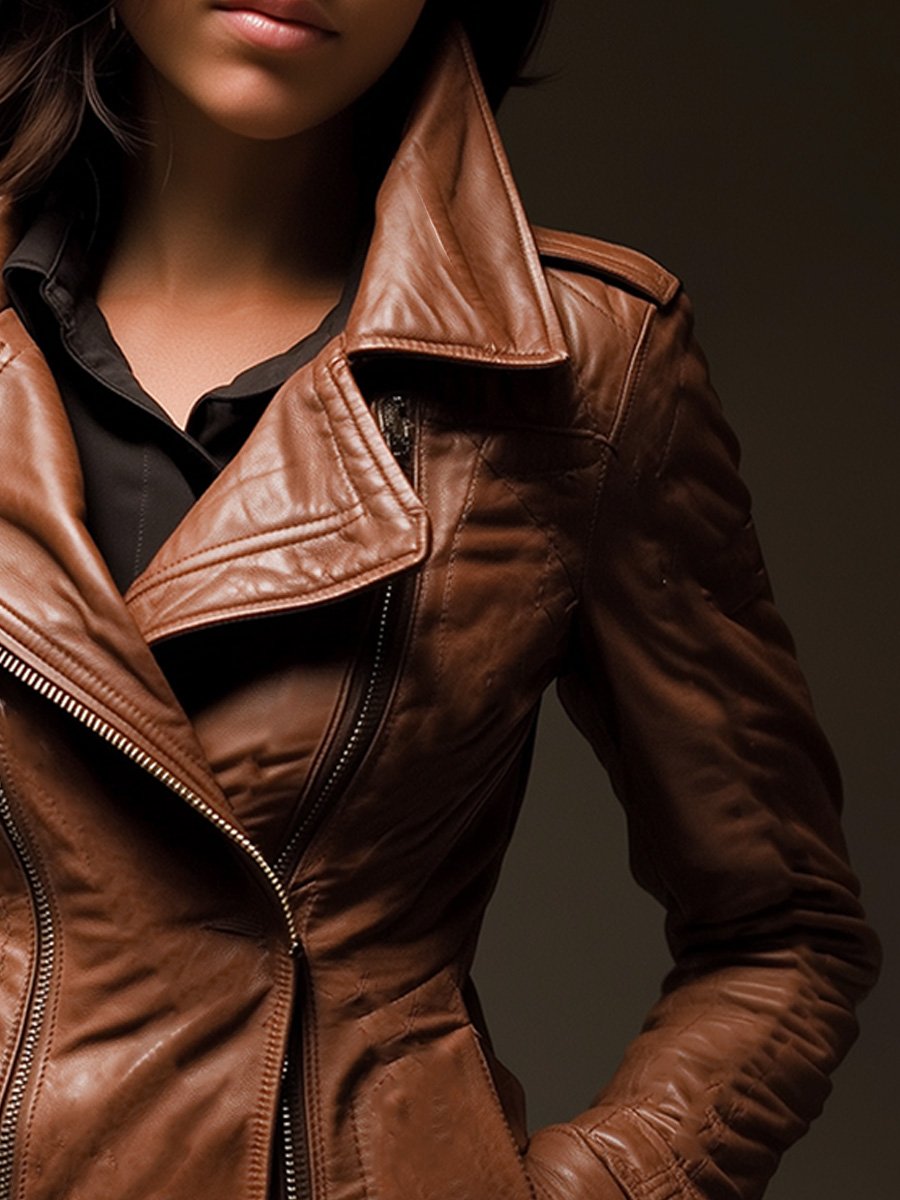 Women's Fashion Retro Lapel Zipper Heavy Leather Jacket