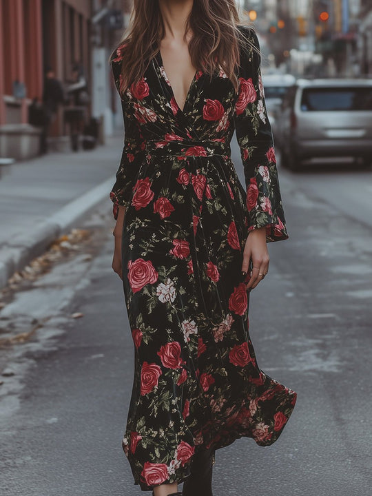 Fashion V-neck Retro Rose Print Maxi Dress