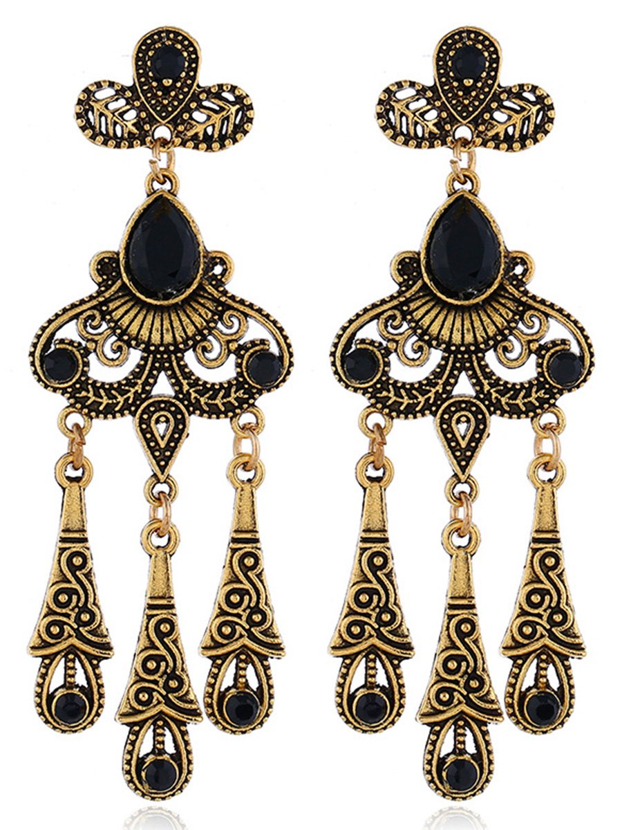 Retro Ethnic Style Hollow Leaf Gemstone Water Drop Tassel Earrings