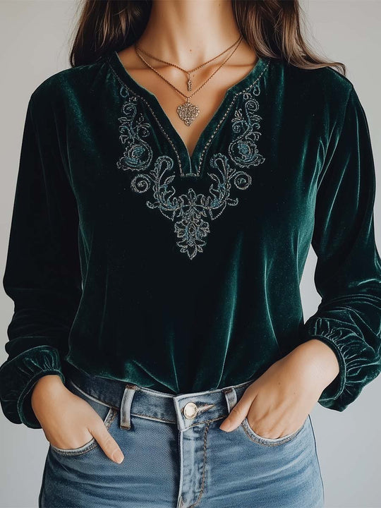 Women's Vintage Silver Embroidered Velvet Blouse