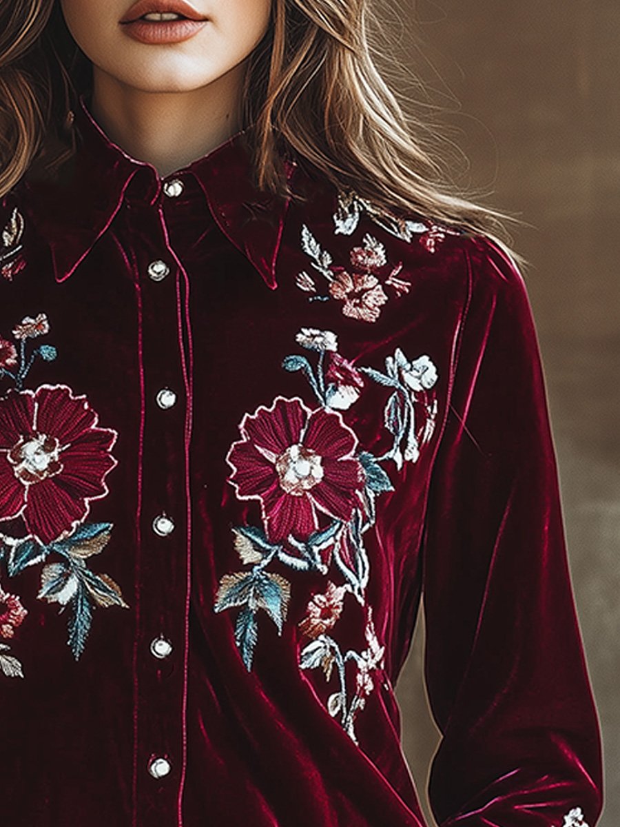 Elegant Red Velvet Embroidered Long Sleeve Shirt