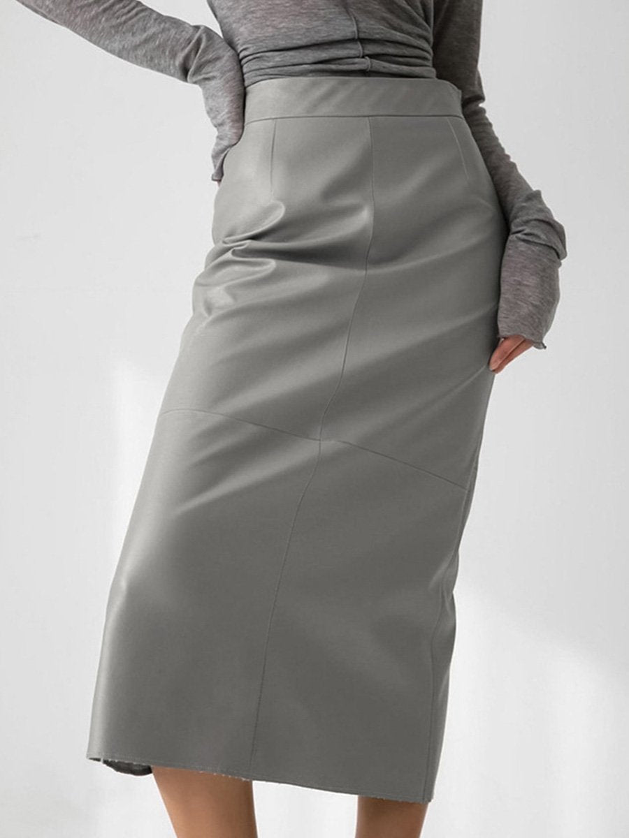 Stylish High Waist Leather Straight Skirt