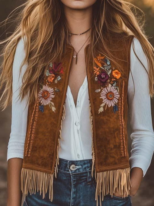 Women's Vintage Embroidered Fringe Hem Suede Vest