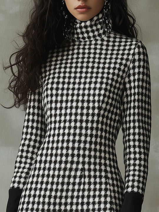 Retro Elegant High Neck Houndstooth A-line Dress