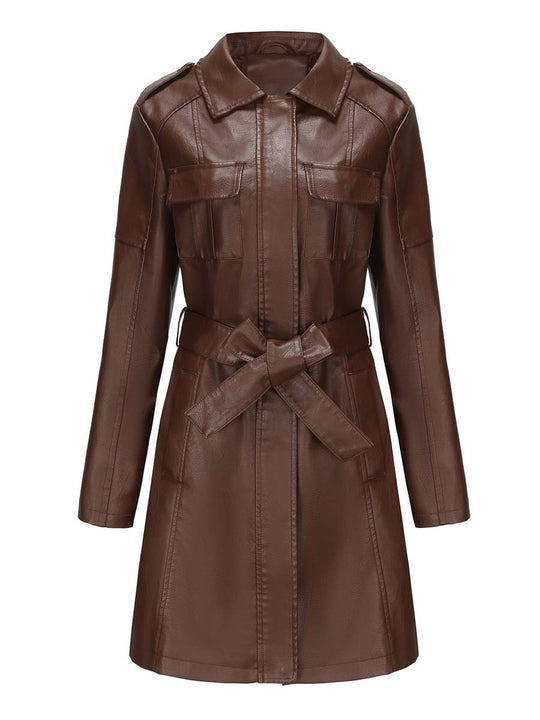 Women's Vintage Mid-Length Leather Coat With Belt