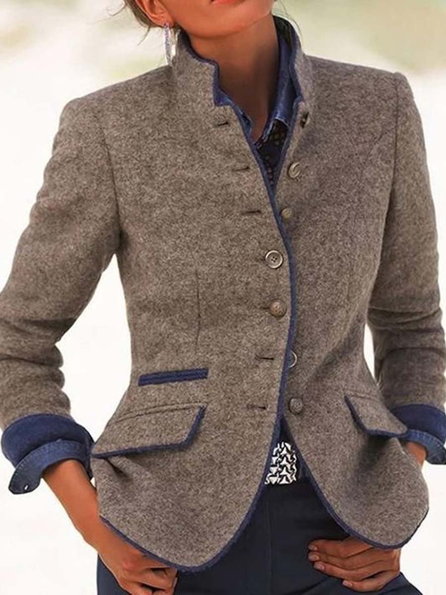 Women's Multi-Button Color-Blocked Woolen Jacket