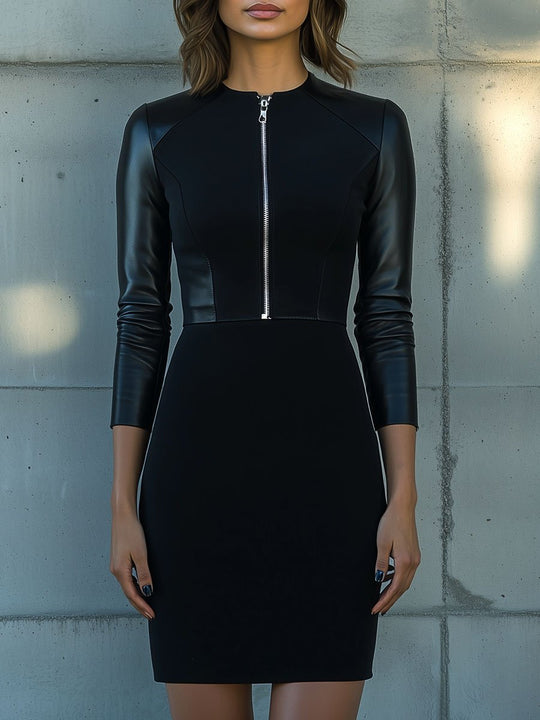 Chic Round Neck Half-placket Leather Patchwork Bodycon Dress