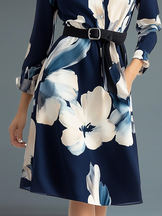 Fashion V-neck Blue Printed Waisted Mid-length Dress