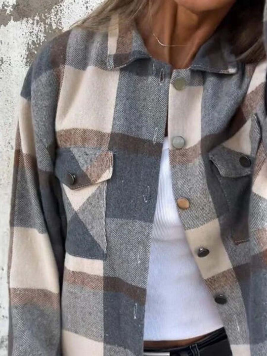 Women's Long Sleeve Lapel Plaid Loose Single Breasted Jacket