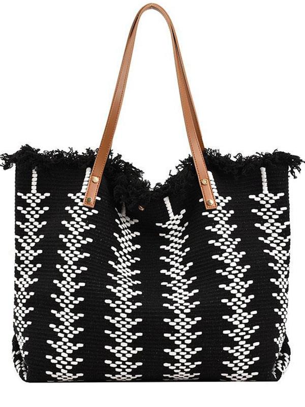 Niche Design Tassel Cotton and Linen Woven Commuting Tote Bag