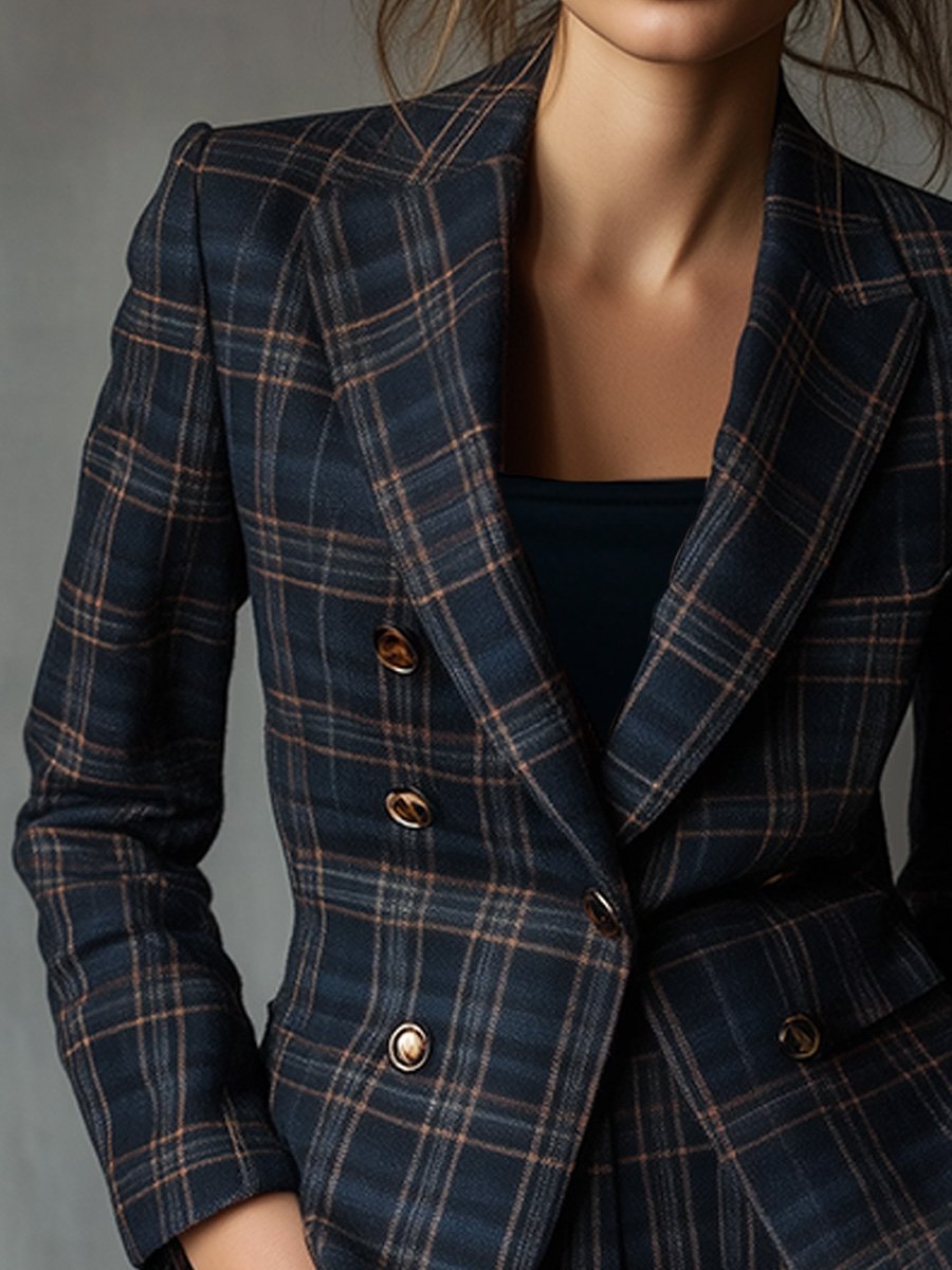 Double-breasted Classic Check with Gold-tone Buttons Blazer