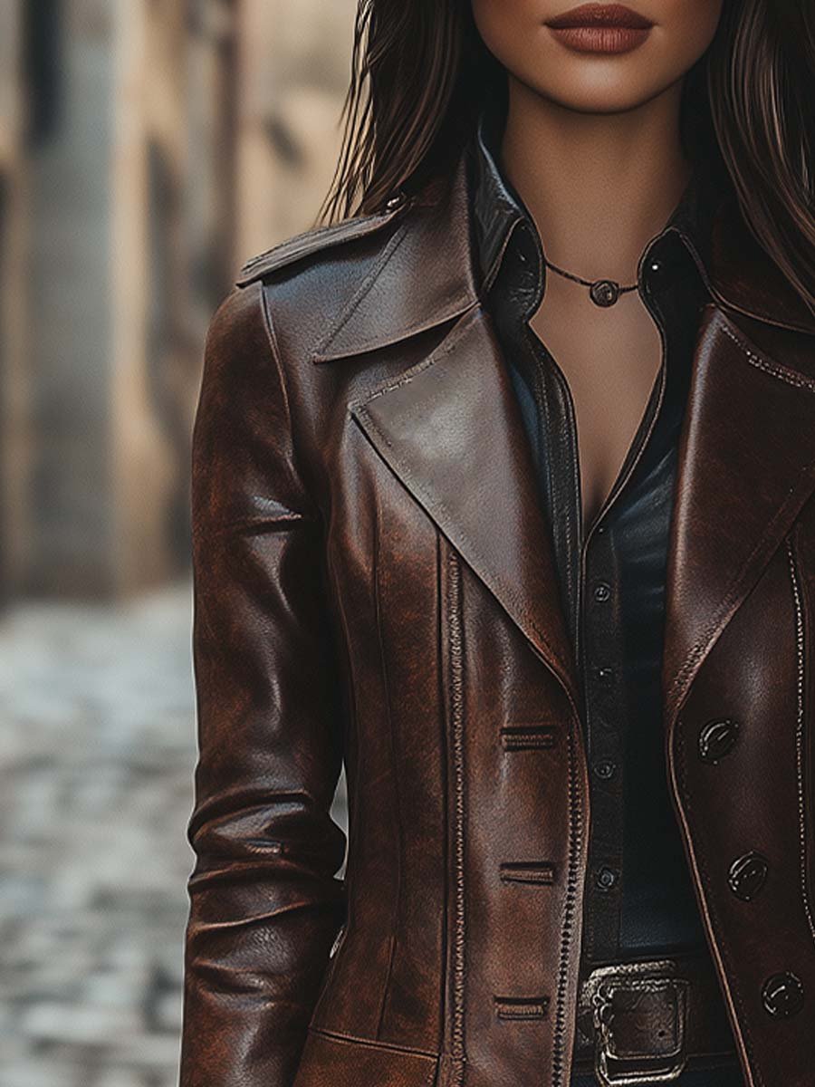 Women's Vintage Lapel Button Leather Long Jacket